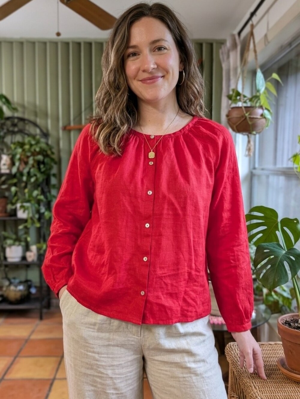 Cynthia Rowley Button Down Long Sleeve Red Linen Top.